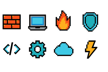 Wall Mural - Cybersecurity icon set. 8-Bit style essentials for security and technology