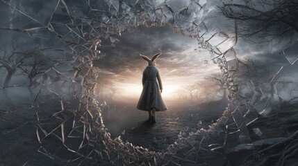 Canvas Print - Easter bunny walking through shattered mirror surreal landscape fantasy art mysterious environment dreamlike viewpoint