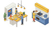 © Silent Vector - Family cooking together in modern kitchen isometric design