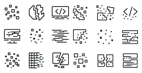 Tech and coding outline icons set – pixel, linear, computing symbols and code elements