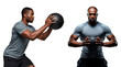 © Dazz - Medicine ball workout man in gray tee, medicine ball fitness poses, medicine ball core training, medicine ball athlete, Isolated on transparent background, png