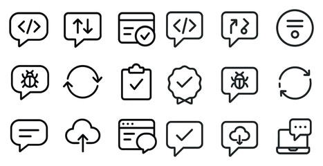 Web development outline icons set – coding, programming, tech symbols