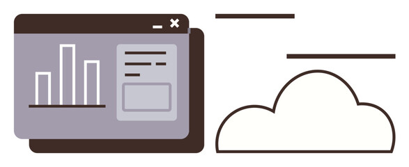 Analytics interface with bar chart and text elements beside cloud outline. Ideal for data analysis, cloud computing, digital storage, online services, technology, innovation, simple flat metaphor