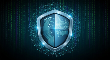 Digital shield protecting data with circuit board design against cyber attacks, symbolizing network security and information privacy with binary code background