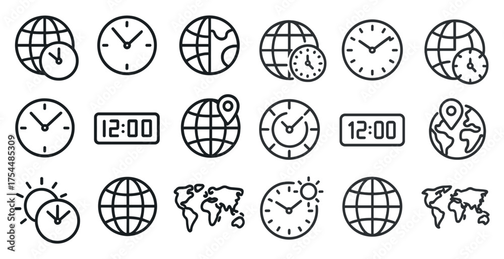 World clocks and time zones outline icons set – linear style, maps ...