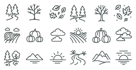 Naklejka na meble Nature and agriculture outline icons set – linear, line, farming and outdoor symbols.