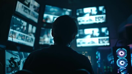 Silhouette of a hacker in a dark room with multiple computer monitors. Anonymous person watching screens for data monitoring. Cybersecurity and technology concept
