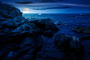 Wall Mural - sea coast with rocks and boulders at night. calm summer vacation background at the seashore. wonderful scene for relax and leisure at the seaside in full moon light