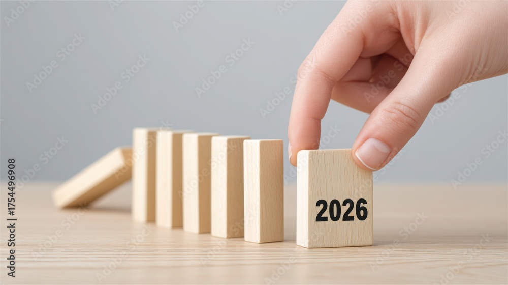 action goal 2026 A hand tips a wooden block labeled 