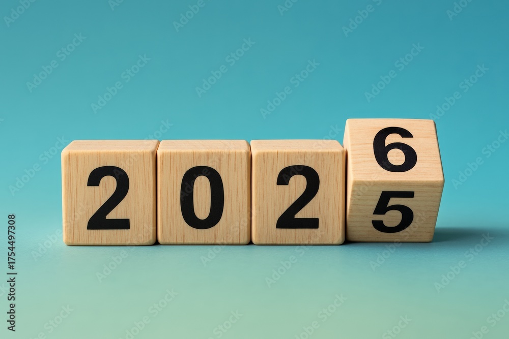 Wooden blocks depicting a clear countdown from 2025 to 2026 symbolize ...