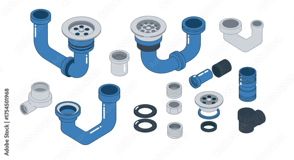 Plumbing components isometric set with pipes, fittings, and connectors ...