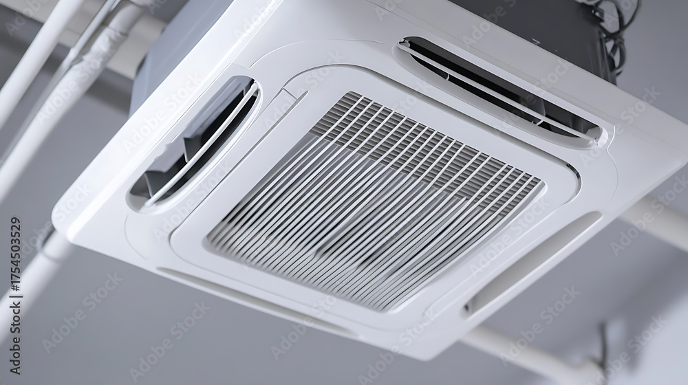 Ceiling-mounted air conditioning unit with white casing and visible ...