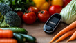 © photo for everything - Healthy eating for diabetes: Fresh vegetables and blood glucose monitor on a wooden surface. Making smart choices for well-being and disease management.