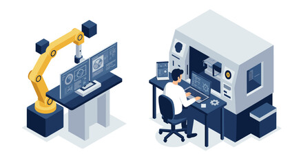 Futuristic workspace robotic arm and engineer in isometric design