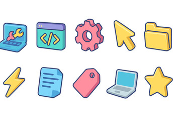 Technology and web development, flat icon set. Software tools, coding & programming icons