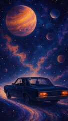 Wall Mural - Vintage car under cosmic sky, mobile wallpaper