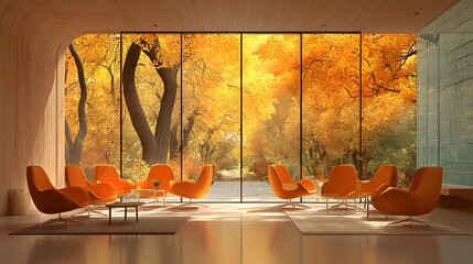 Wall Mural - Sunlit modern meeting room with stylish orange chairs and views of vibrant golden autumn trees. The bright, airy aesthetic creates a clean look.