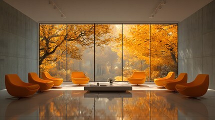 Wall Mural - Sunlit modern meeting room with stylish orange chairs and views of vibrant golden autumn trees. The bright, airy aesthetic creates a clean look.