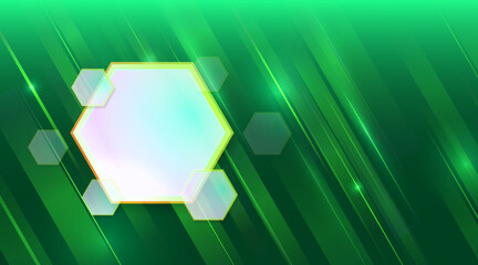 Wall Mural - Futuristic green abstract background with glowing hexagons and diagonal light lines. Modern tech design for innovation, science, and digital technology concepts.