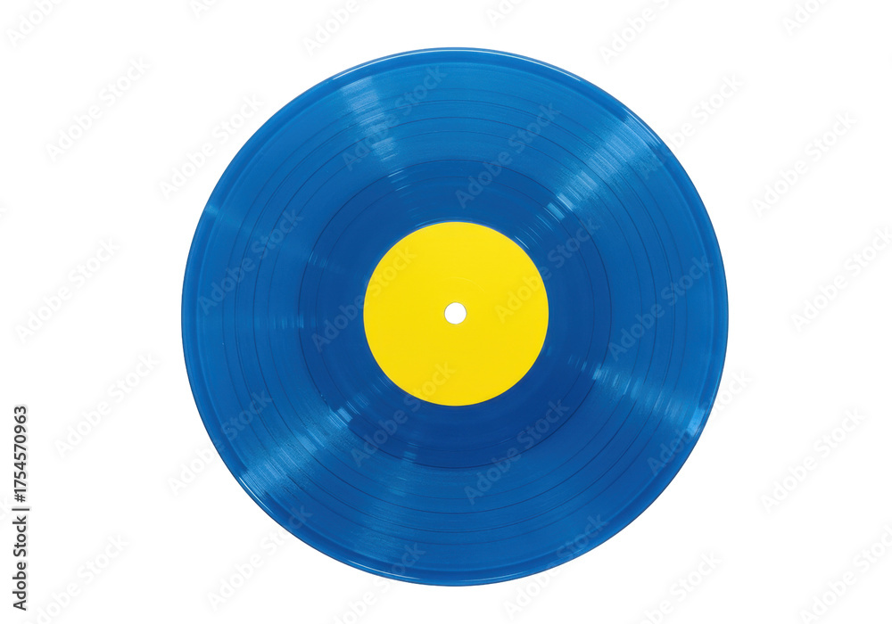 Isolated vintage blue vinyl record with yellow label for old music and ...