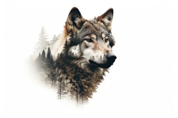  Double exposure photography wolf and forest animal mammal coyote.