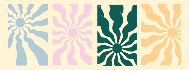 Canvas Print - etro Groovy sun background set. Abstract Wave Ray Patterns in Trendy 70s Style. Groovy psychedelic sunburst design Funky graphic hippie illustration vector