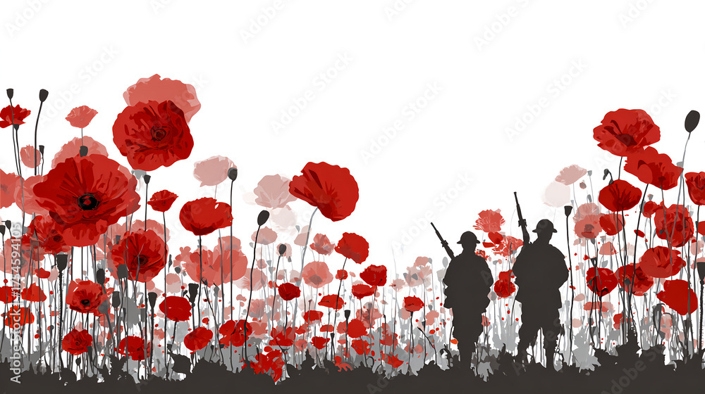 Remembrance day banner with red poppy flowers and Soldiers Silhouettes ...