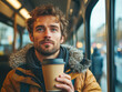 © rattana - portrait of young hipster male sitting in retro cafe bus with cup of hot coffee and looking at window