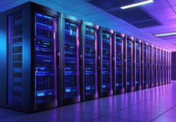 Wall Mural - Modern IT data center interior with rows of glowing blue and purple server racks, ideal for AI cloud infrastructure, cybersecurity, and high-performance computing concepts