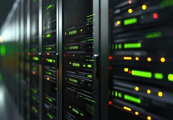 Wall Mural - Futuristic IT data center corridor with glowing green and orange server racks ideal for illustrating cloud computing, network infrastructure, and digital storage systems