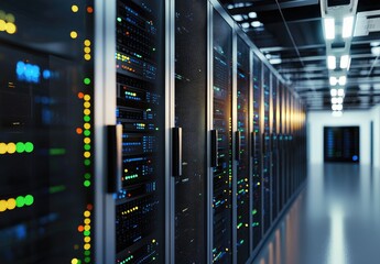 Wall Mural - Modern IT data center corridor with rows of glowing multicolor server racks and reflections, ideal for AI cloud computing, cybersecurity, and digital infrastructure visuals