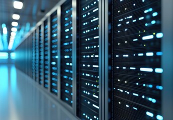 Wall Mural - Modern IT data center corridor with glowing blue server racks symbolizing advanced cloud technology, secure digital infrastructure, and high-performance computing