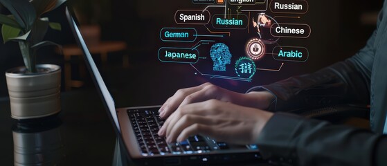 Person typing on laptop with futuristic AI translation interface showing multiple languages. Concept of artificial intelligence, digital communication, and innovative AI language learning technology.