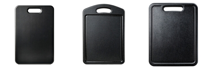 Black Cutting Boards Collection: A trio of sleek, rectangular cutting boards displayed side-by-side, each boasting a dark, modern aesthetic, a practical handle for effortless use and storage.