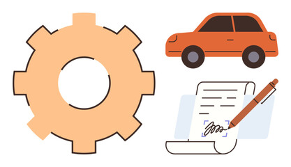 Wall Mural - Gear symbol with orange car and signed contract emphasizing mechanics, transport, and documentation. Ideal for process, industry, agreement, logistics, planning law innovation. Simple flat metaphor