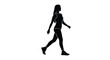 © nanda - Silhouette of a woman in athletic wear walking with her body facing left and her head turned slightly to the right.