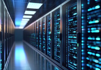 Wall Mural - Futuristic IT data center hallway with glowing blue server racks and reflections, ideal for AI cloud infrastructure, cybersecurity visuals, and modern technology concepts