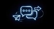 © Naima - Digital communication icons — message bubble, reply arrow, and send symbol — glowing blue-white holographic light, floating on solid black background, modern messaging technology interface