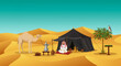 © Mihoub - Desert life Bedouin man and camel in a traditional tent with palm tree and falcon
