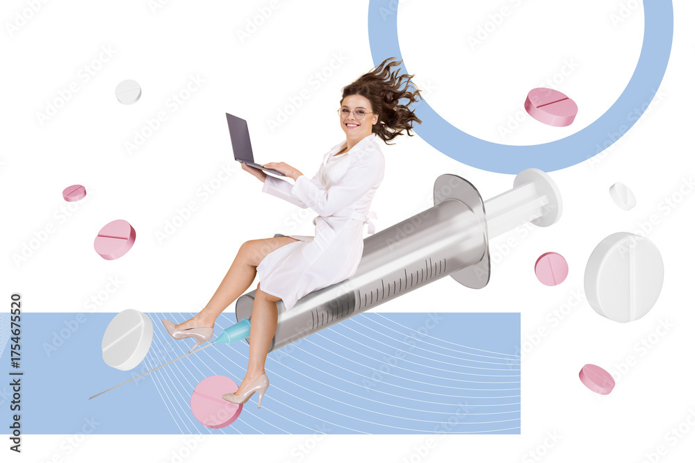 Composite photo collage of happy medic girl fly syringe injection vaccine covid prevention drug ...