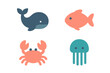 © icon_art - Simple flat design collection of cute marine animals whale fish crab and jellyfish