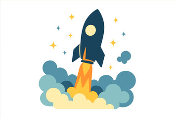 Stylized dark blue rocket ship launching into outer space with orange fire and blue smoke clouds
