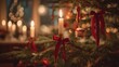 © swillklitch - Christmas tree branch decorated with burning white candle and red ribbon in traditional festive home interior