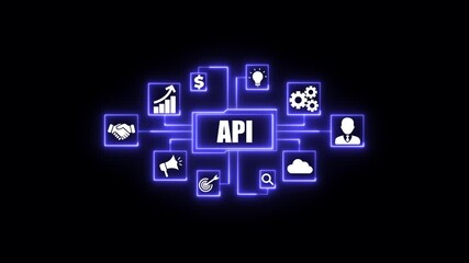 API connection network technology business icons glowing  neon on black background digital. Business, Technology, Internet and network concept.