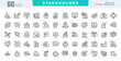 © RI Rafiq - Stakeholder line icon set. Governance, climate, impact, responsibility, diversity, communication, collaboration, relationship, trust, influence, feedback, mapping outline icons. editable stroke