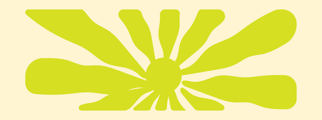 Wall Mural - Sun groovy background, summer retro radial burst, yellow graphic wavy. Abstract trendy sunshine poster. Cartoon light beam print. Vintage boho pattern. Modern vector illustration 