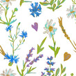 © Мария Минина - Seamless pattern Lavender, sage, cereals oats, wheat, rye, chamomile, cornflower painted with wax crayons. Ecological, botanical print in oil pastel.