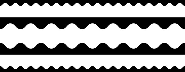 Circular edge seamless border shape set, scalloped border. Seamless vector marine wave decoration pattern isolated on white background.