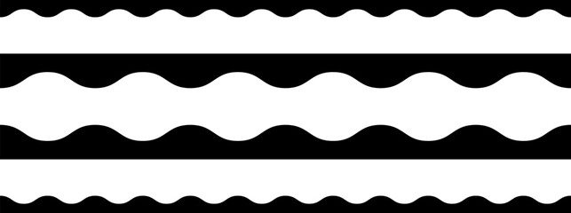 Circular edge seamless border shape set, scalloped border. Seamless vector marine wave decoration pattern isolated on white background.