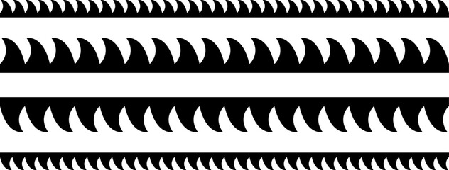 Circular edge seamless border shape set, scalloped border. Seamless vector marine wave decoration pattern isolated on white background.
